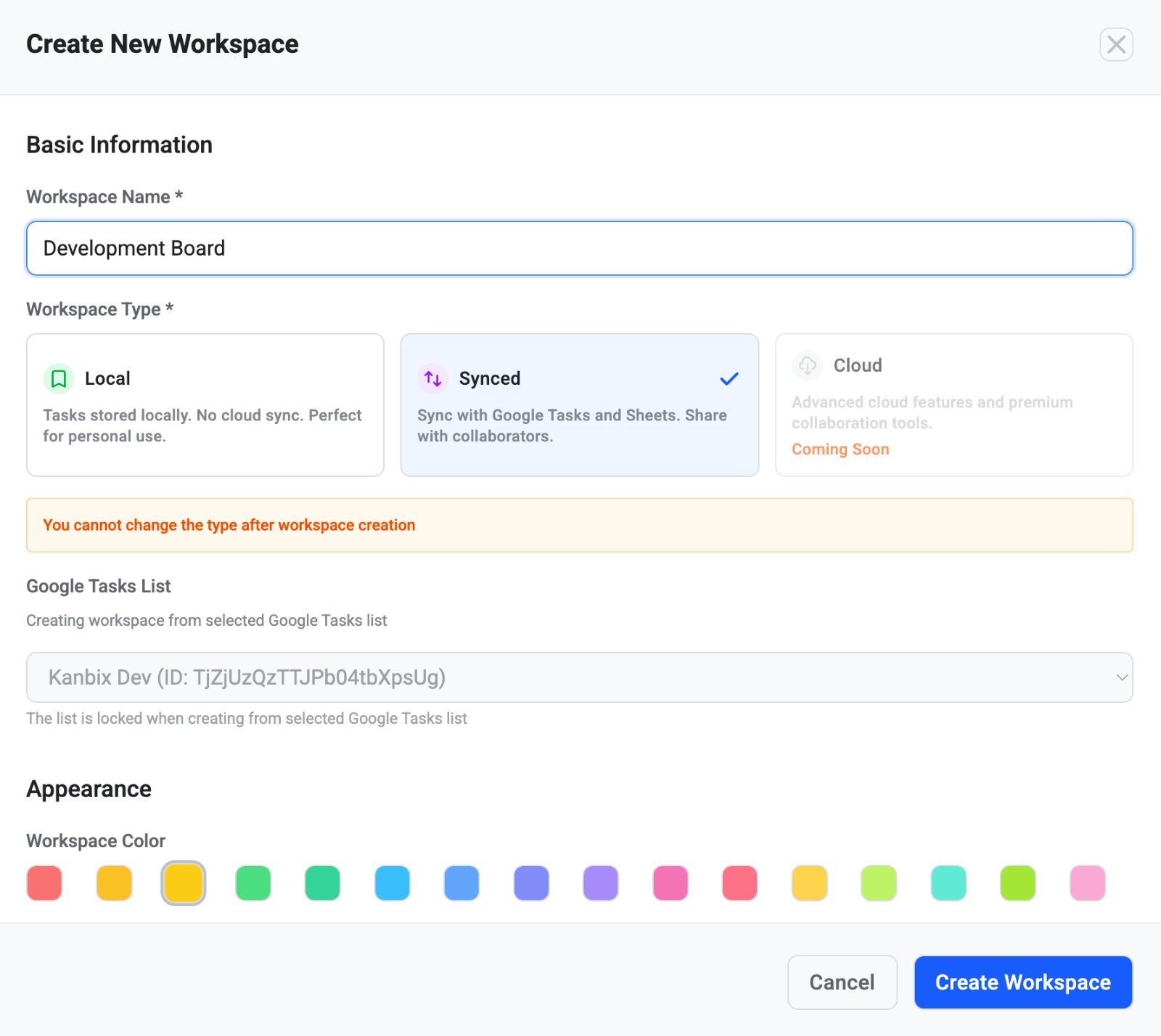 Create Workspace Interface